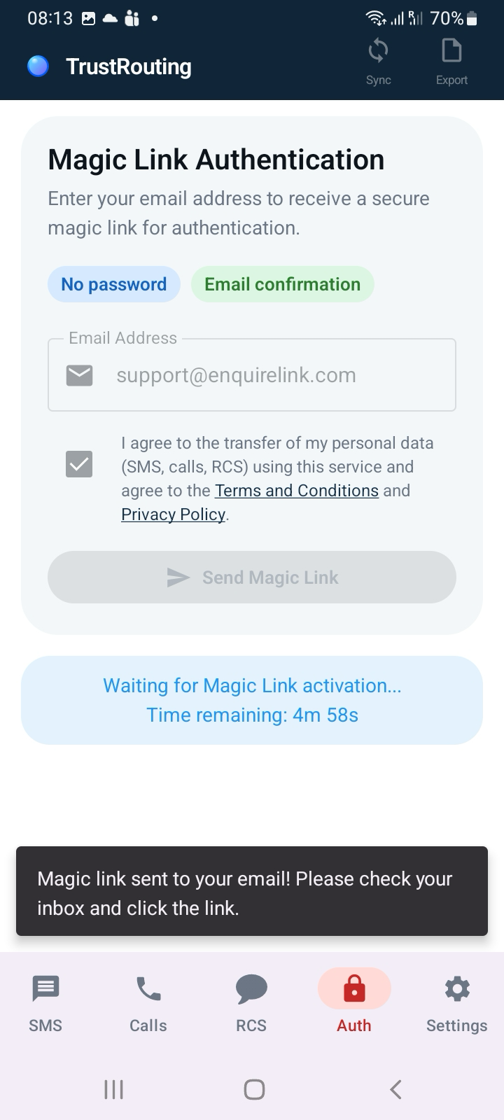 Magic link sent